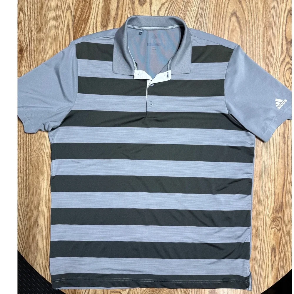 Adidas Golf Polo Shirt Men Large Grey Black Striped Short Sleeve Performance